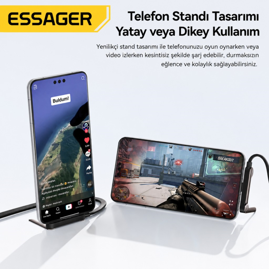 Essager 1 Metre 100W Type-C to Type-C Stant Olabilen Hızlı Şarj Kablosu 5A 480Mbps Veri Aktarımlı Örgülü Dayanıklı