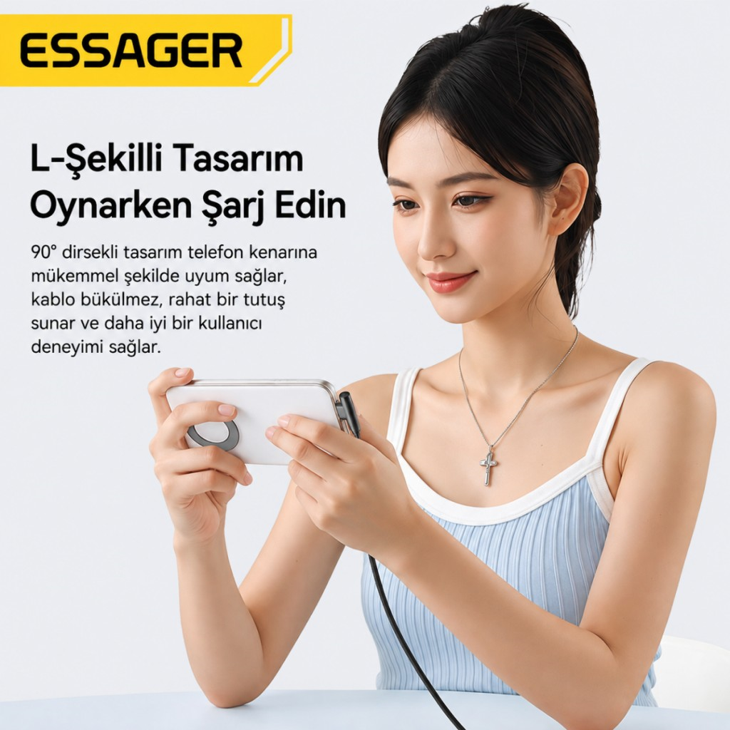Essager 1 Metre 100W Type-C to Type-C Stant Olabilen Hızlı Şarj Kablosu 5A 480Mbps Veri Aktarımlı Örgülü Dayanıklı
