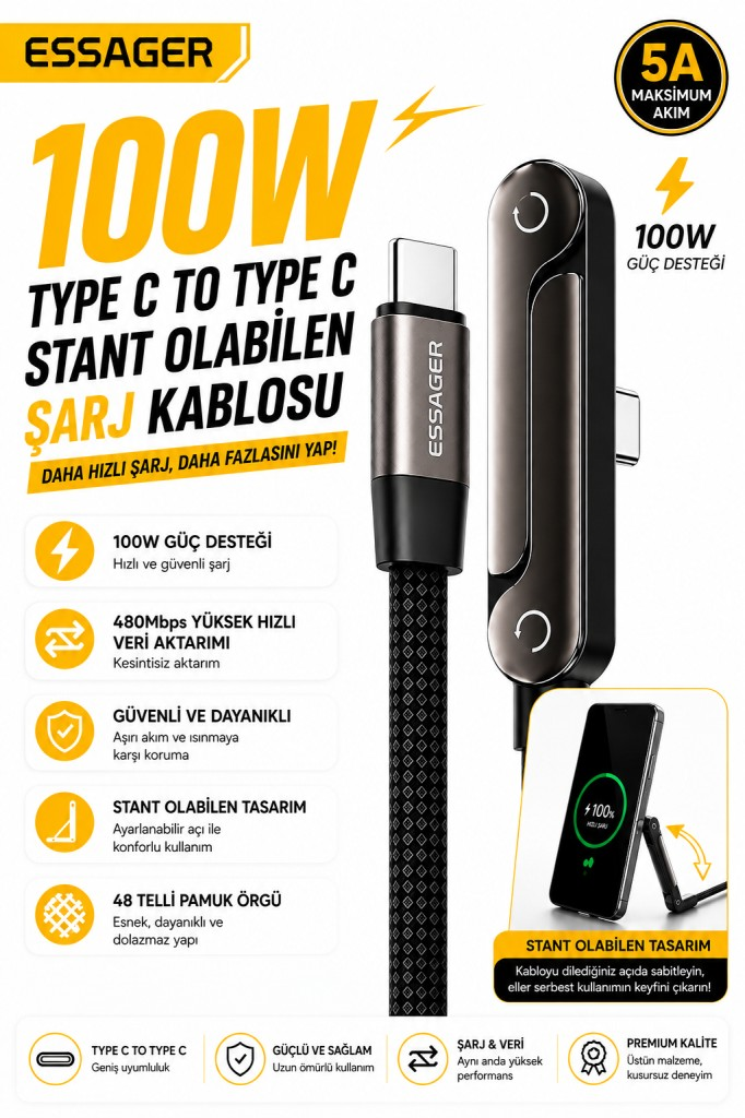 Essager 1 Metre 100W Type-C to Type-C Stant Olabilen Hızlı Şarj Kablosu 5A 480Mbps Veri Aktarımlı Örgülü Dayanıklı
