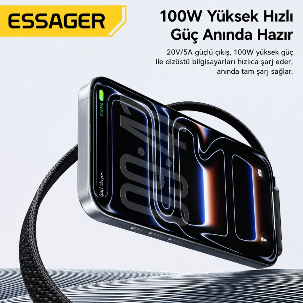 Essager 1 Metre 100W Type-C to Type-C Stant Olabilen Hızlı Şarj Kablosu 5A 480Mbps Veri Aktarımlı Örgülü Dayanıklı