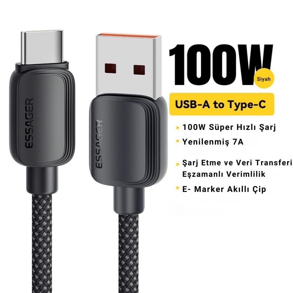 Essager 1 Metre 7A 100W E-Marker Süper Hızlı USB To Type C Şarj Data Kablosu, Akım,Isı, Güçlü Kablo