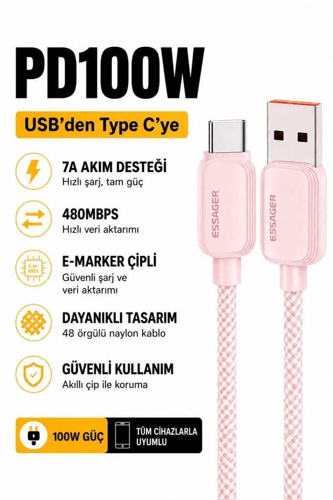 Essager 1 Metre 7A 100W E-Marker Süper Hızlı USB To Type C Şarj Data Kablosu, Akım,Isı, Güçlü Kablo