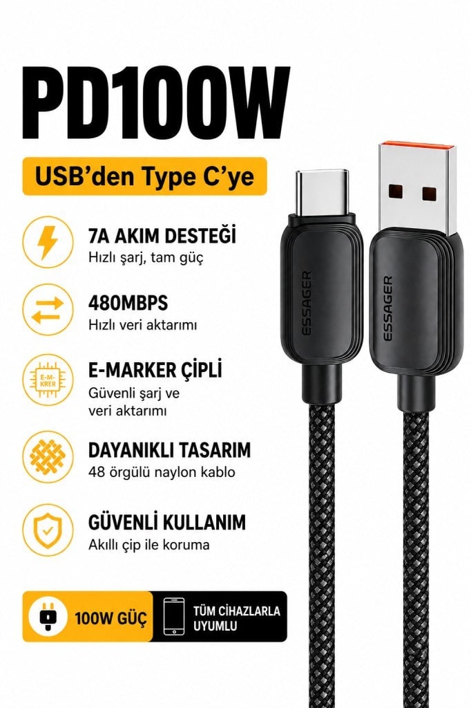 Essager 1 Metre 7A 100W E-Marker Süper Hızlı USB To Type C Şarj Data Kablosu, Akım,Isı, Güçlü Kablo