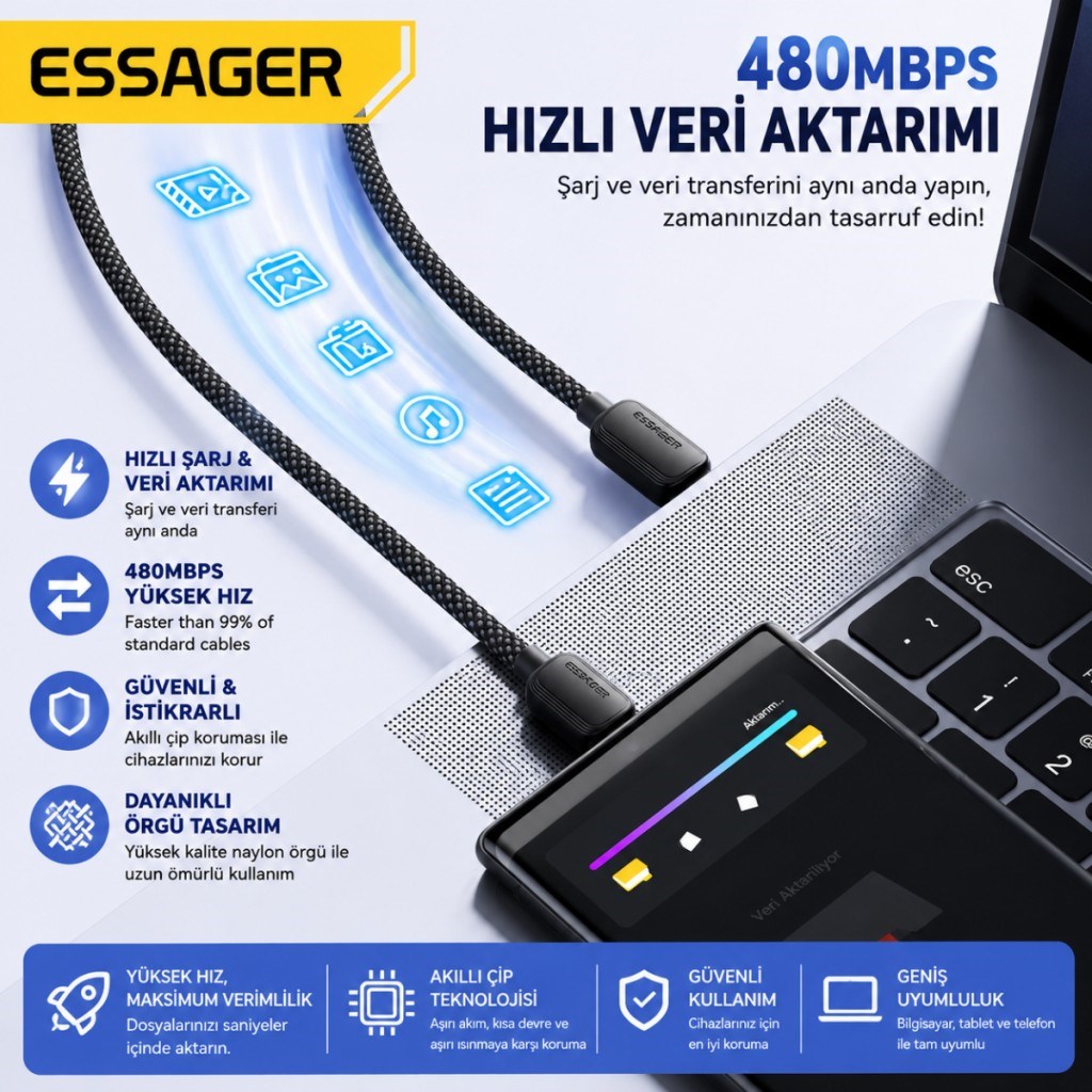 Essager 1 Metre 7A 100W E-Marker Süper Hızlı USB To Type C Şarj Data Kablosu, Akım,Isı, Güçlü Kablo