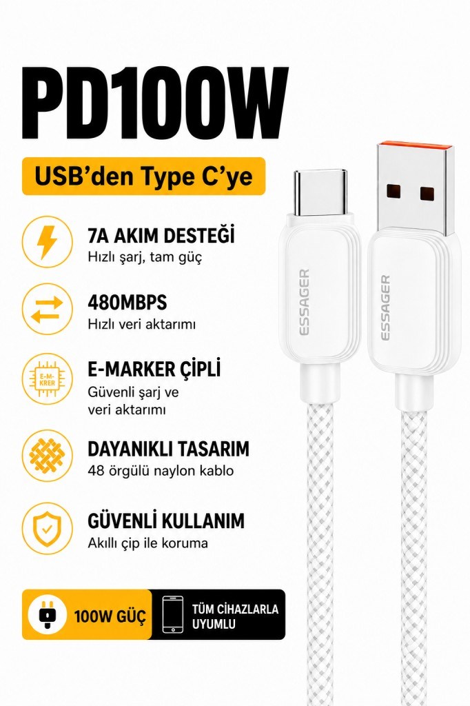 Essager 1 Metre 7A 100W E-Marker Süper Hızlı USB To Type C Şarj Data Kablosu, Akım,Isı, Güçlü Kablo