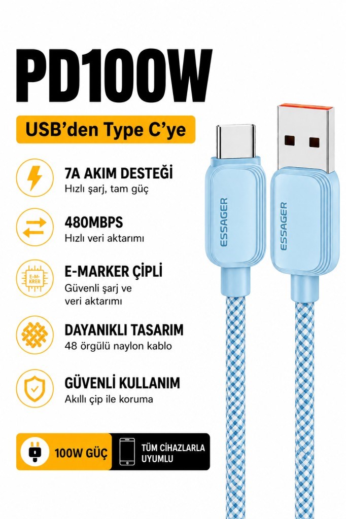 Essager 1 Metre 7A 100W E-Marker Süper Hızlı USB To Type C Şarj Data Kablosu, Akım,Isı, Güçlü Kablo