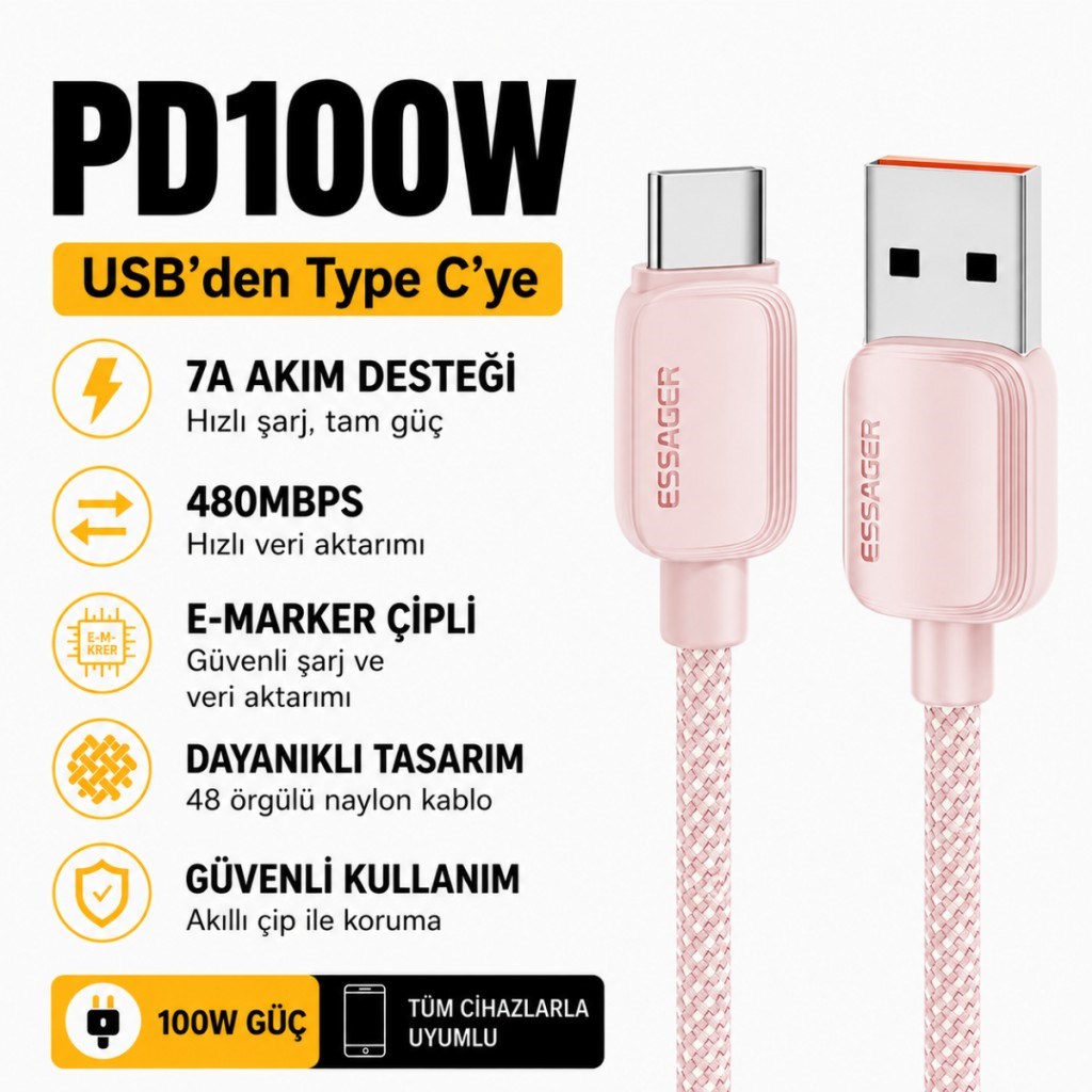 Essager 1 Metre 7A 100W E-Marker Süper Hızlı USB To Type C Şarj Data Kablosu, Akım,Isı, Güçlü Kablo