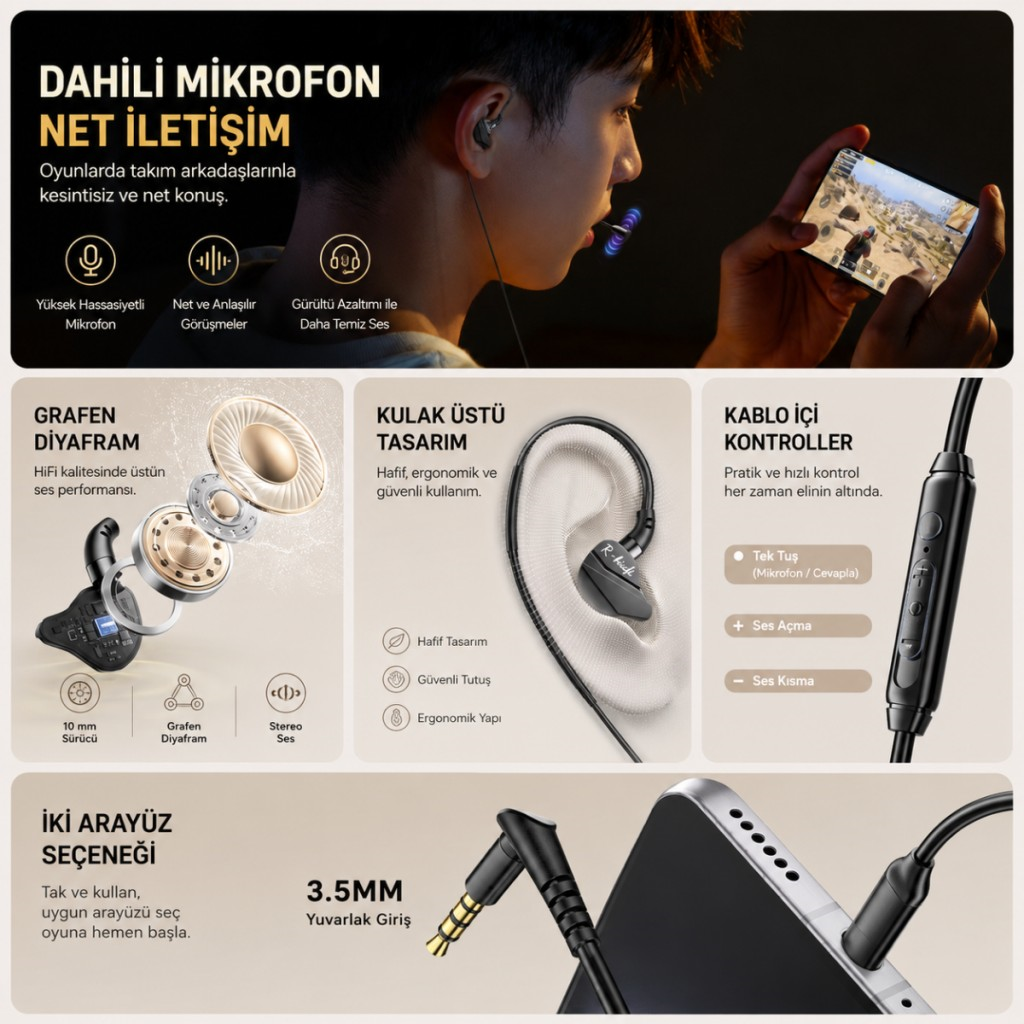 ESSAGER 1.2 Metre 3.5mm Kablolu Hi-Fi Mikrofonlu Gaming Kulak İçi Kulaklık 10mm Grafen Sürücü, Gecikmesiz Kulaklık