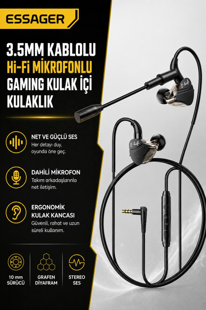 ESSAGER 1.2 Metre 3.5mm Kablolu Hi-Fi Mikrofonlu Gaming Kulak İçi Kulaklık 10mm Grafen Sürücü, Gecikmesiz Kulaklık