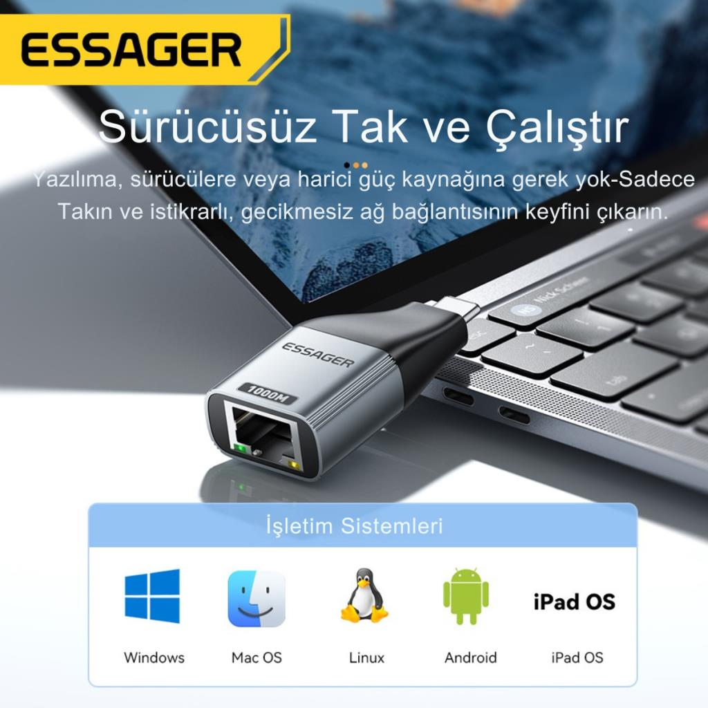 Essager 1000Mbps Type-C to RJ45 Dönüştürücü, Gecikmesiz Süper Hızlı Type C To Ethernet Çevirici