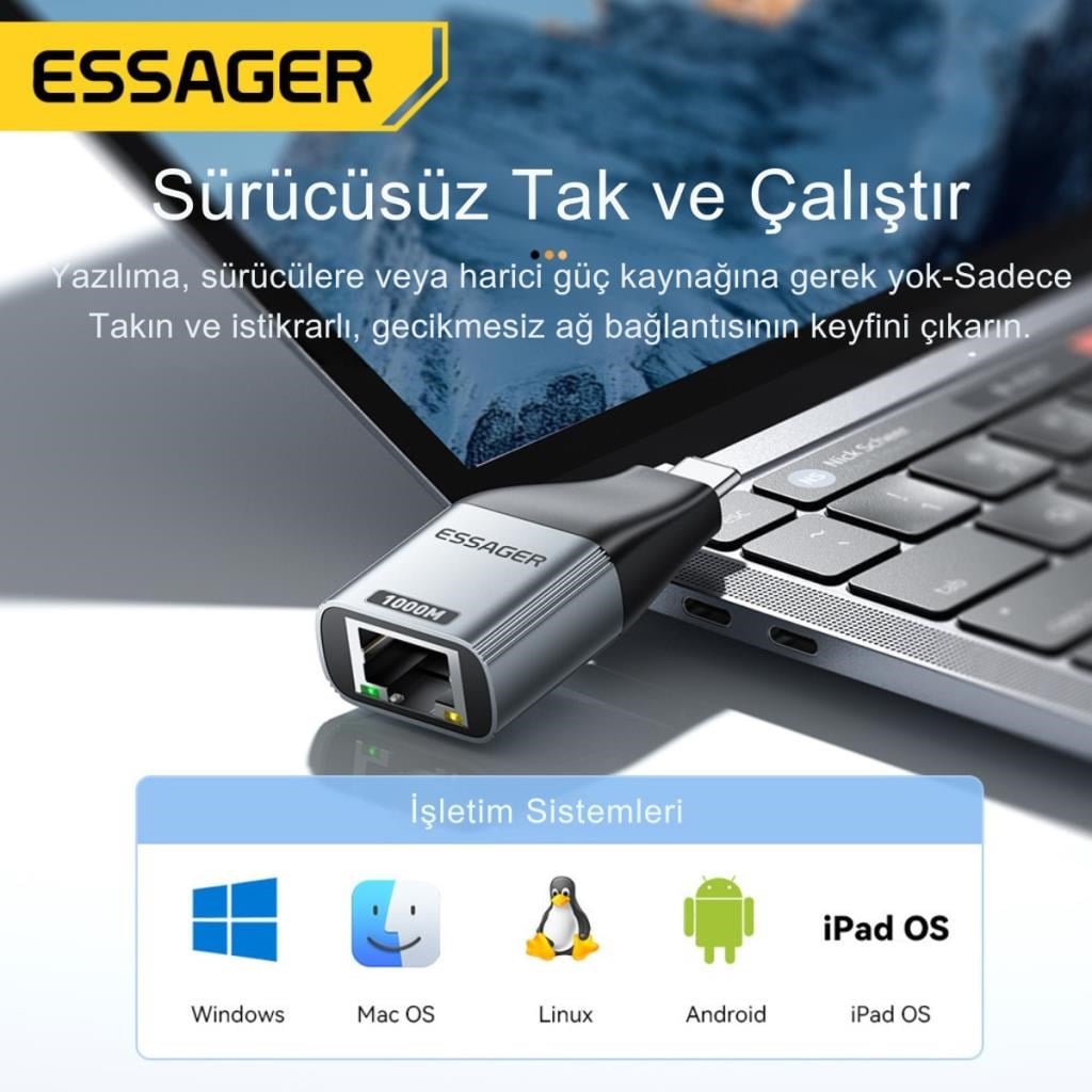 Essager 1000Mbps Type-C to RJ45 Dönüştürücü, Gecikmesiz Süper Hızlı Type C To Ethernet Çevirici