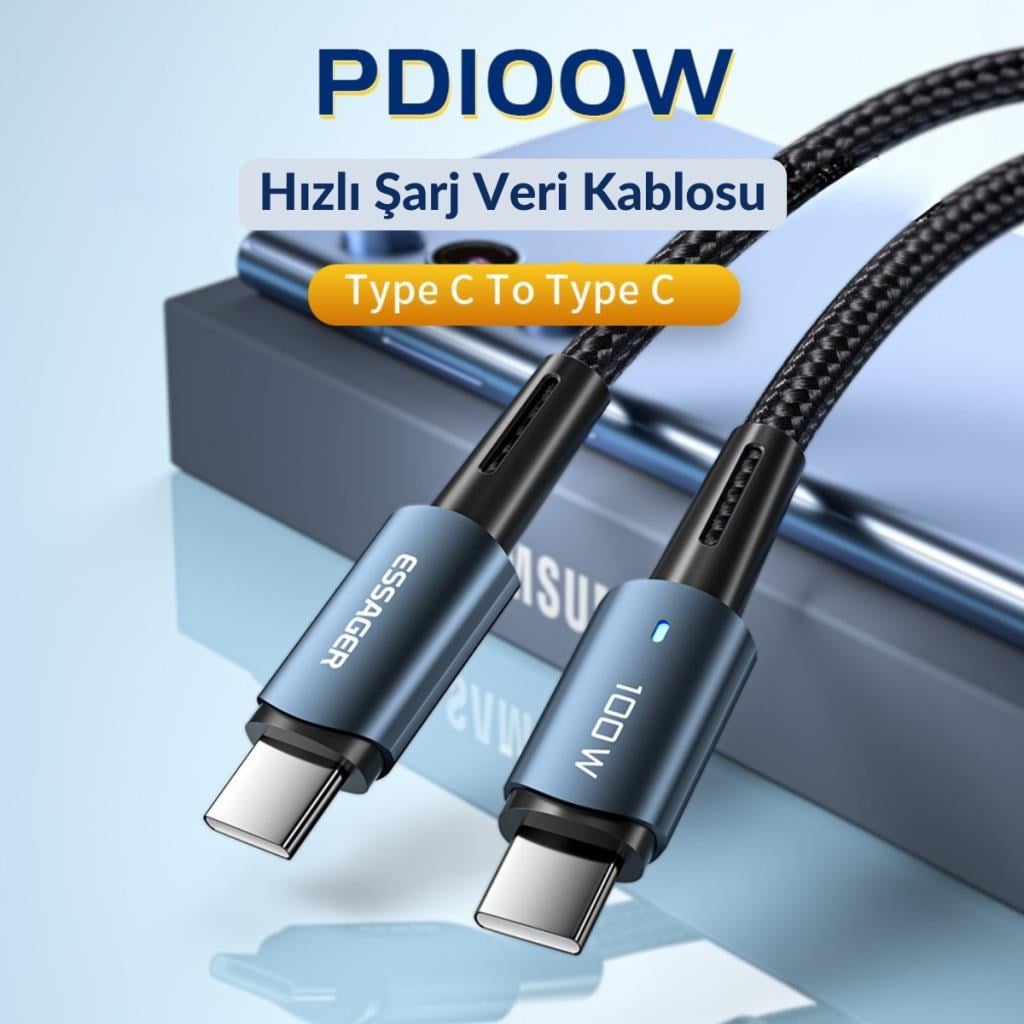 Essager 100W 5A Type C To Type C Süper Hızlı Şarj ve Data Kablosu, Kopmaz Örgü Tipi Süper Dayanıklı Kablo