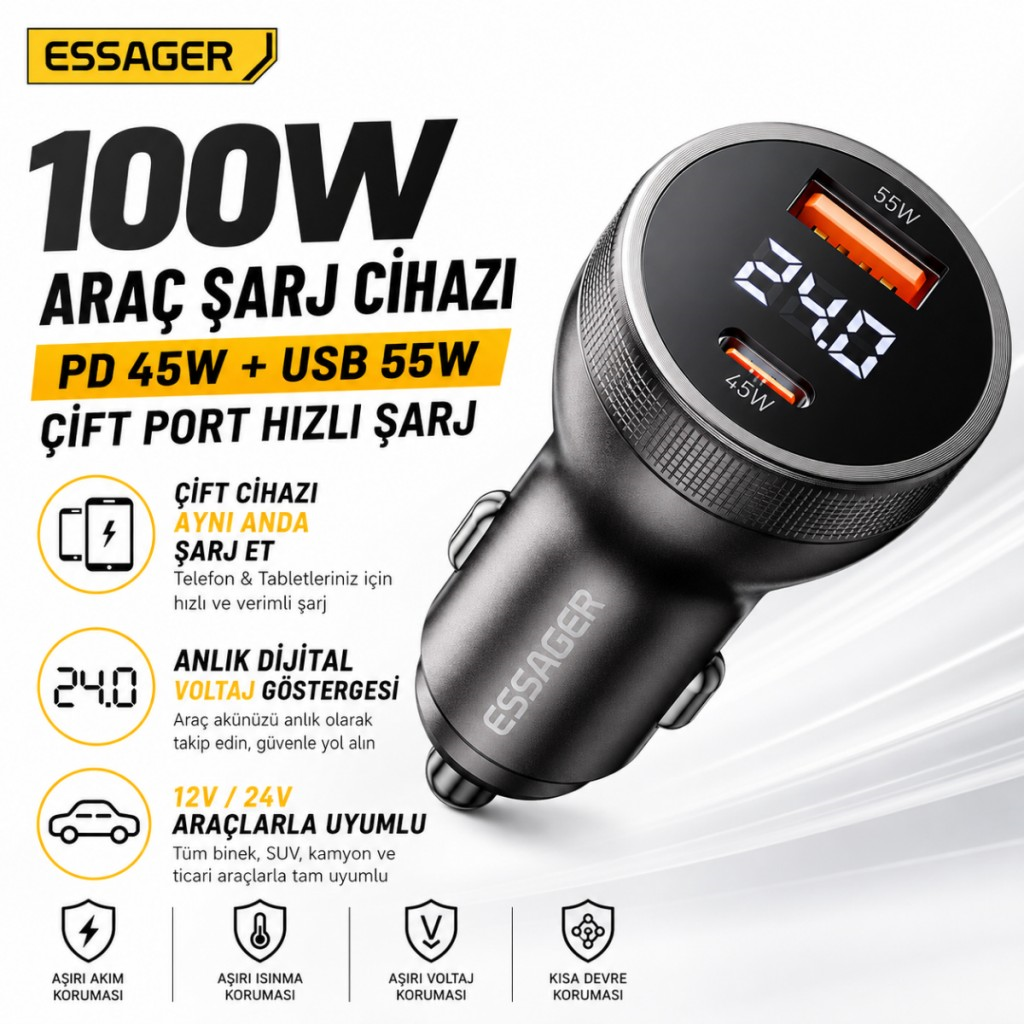 ESSAGER 100W Araç Şarj Cihazı PD Type C 45W + USB 55W Çift Port Hızlı Şarj Dijital Göstergeli Araç Şarj Adaptörü