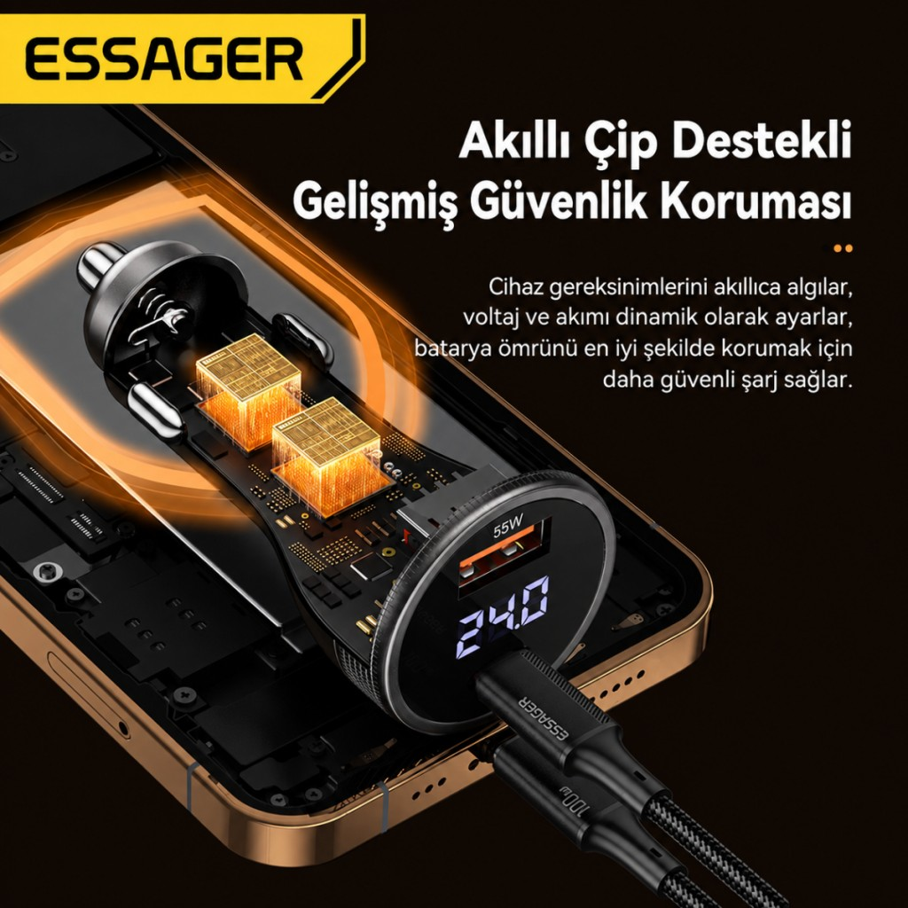 ESSAGER 100W Araç Şarj Cihazı PD Type C 45W + USB 55W Çift Port Hızlı Şarj Dijital Göstergeli Araç Şarj Adaptörü