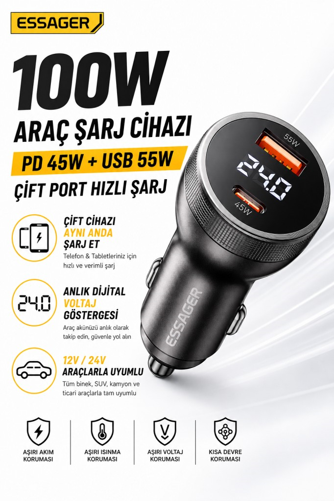 ESSAGER 100W Araç Şarj Cihazı PD Type C 45W + USB 55W Çift Port Hızlı Şarj Dijital Göstergeli Araç Şarj Adaptörü