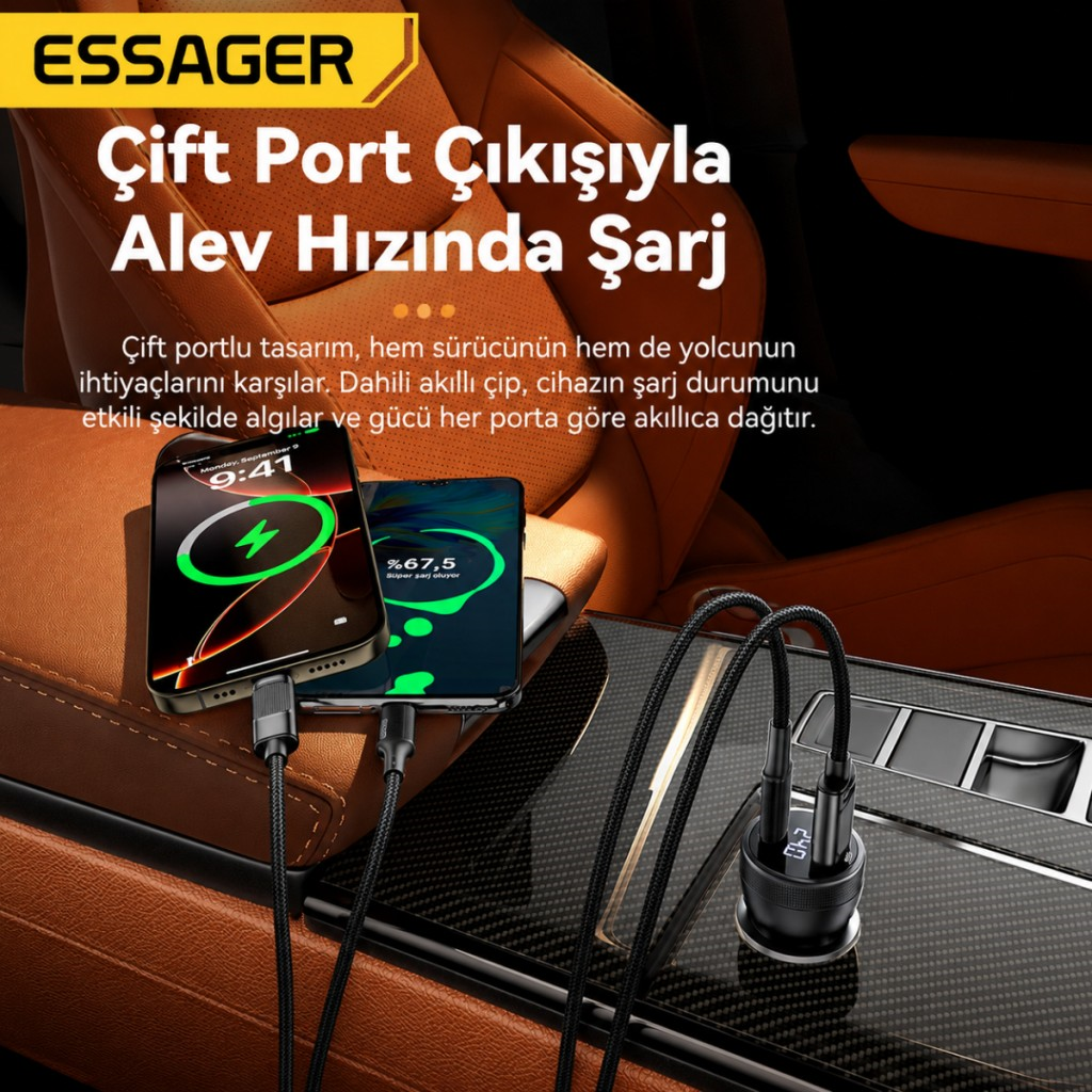 ESSAGER 100W Araç Şarj Cihazı PD Type C 45W + USB 55W Çift Port Hızlı Şarj Dijital Göstergeli Araç Şarj Adaptörü