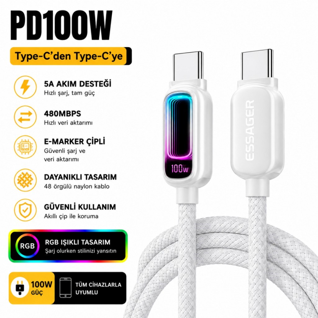 Essager 100W PD Type-C to Type-C RGB Işıklı Hızlı Şarj Kablosu | 5A E-Marker Çipli 480Mbps Örgülü USB-C Kablo