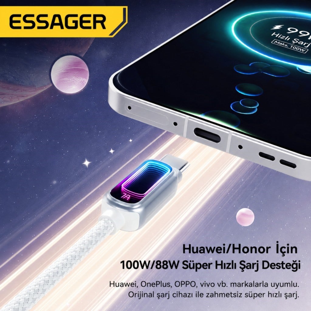 Essager 100W PD Type-C to Type-C RGB Işıklı Hızlı Şarj Kablosu | 5A E-Marker Çipli 480Mbps Örgülü USB-C Kablo
