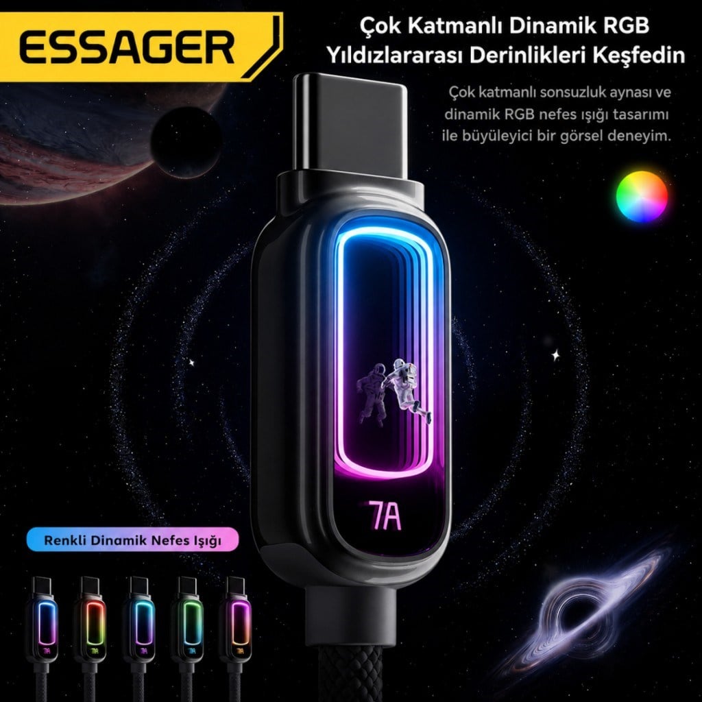 Essager 100W PD Type-C to Type-C RGB Işıklı Hızlı Şarj Kablosu | 5A E-Marker Çipli 480Mbps Örgülü USB-C Kablo