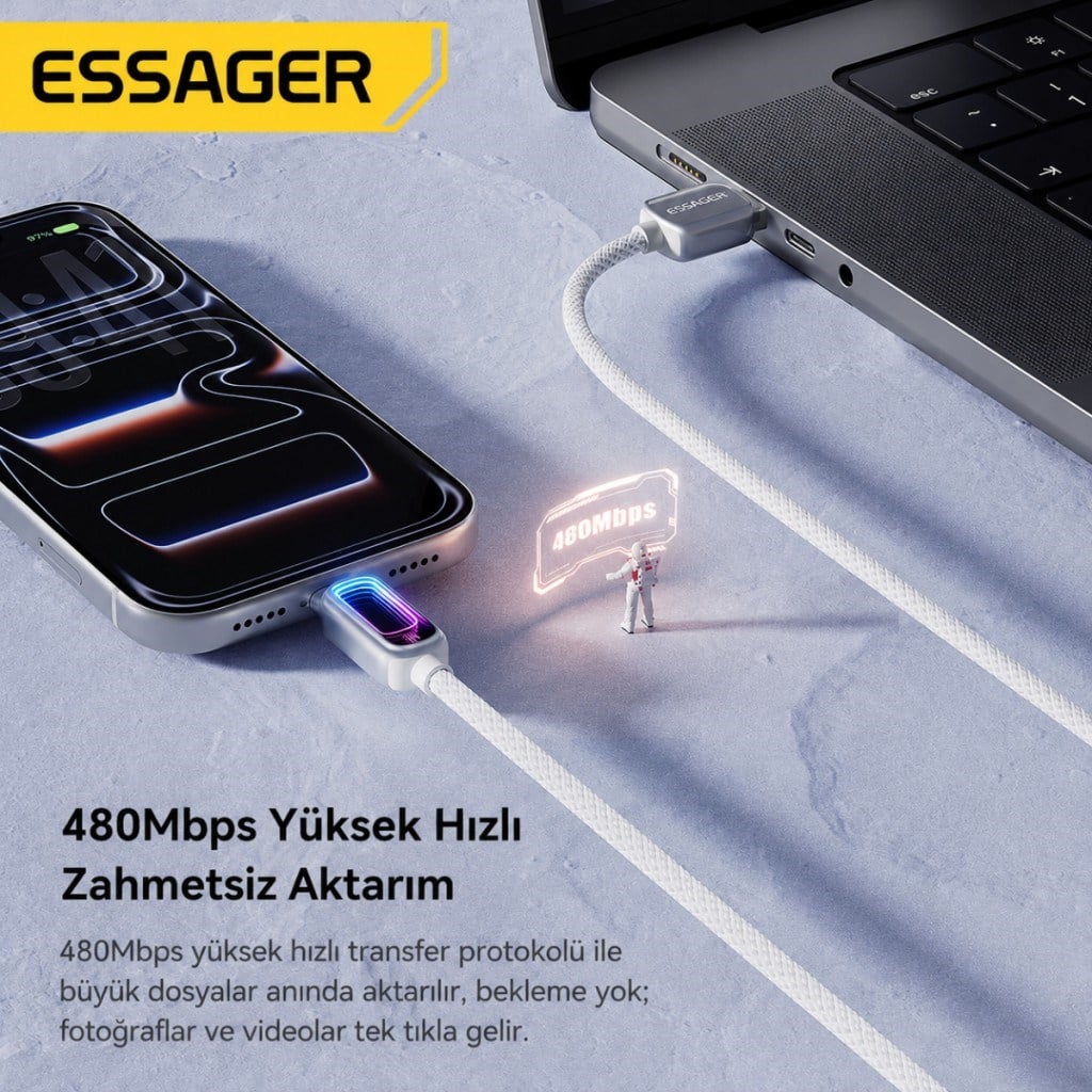 Essager 100W PD Type-C to Type-C RGB Işıklı Hızlı Şarj Kablosu | 5A E-Marker Çipli 480Mbps Örgülü USB-C Kablo
