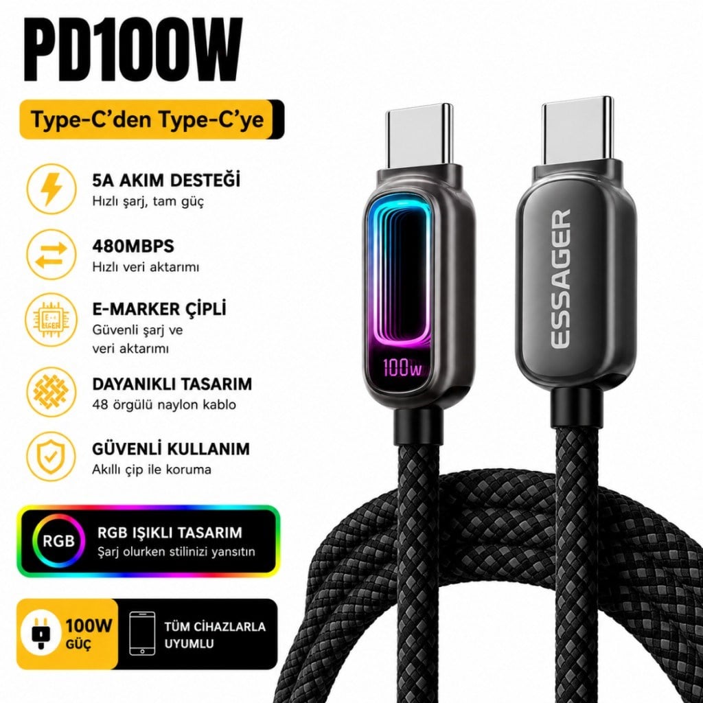 Essager 100W PD Type-C to Type-C RGB Işıklı Hızlı Şarj Kablosu | 5A E-Marker Çipli 480Mbps Örgülü USB-C Kablo