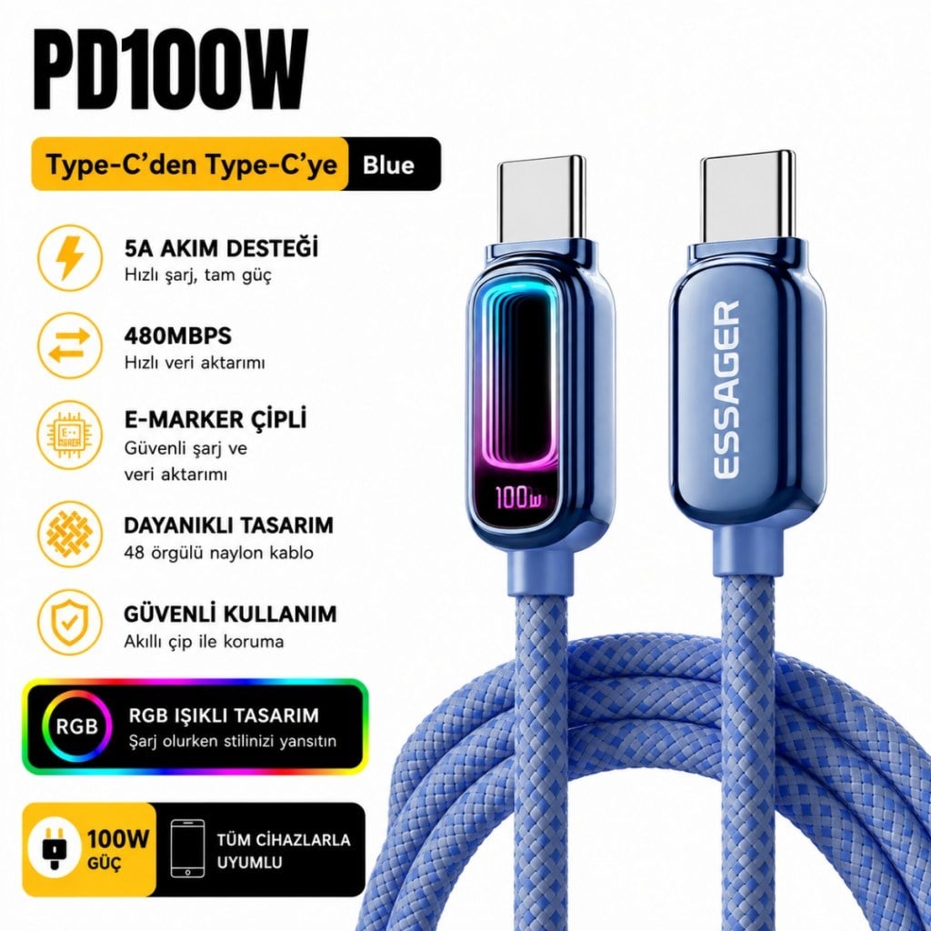 Essager 100W PD Type-C to Type-C RGB Işıklı Hızlı Şarj Kablosu | 5A E-Marker Çipli 480Mbps Örgülü USB-C Kablo