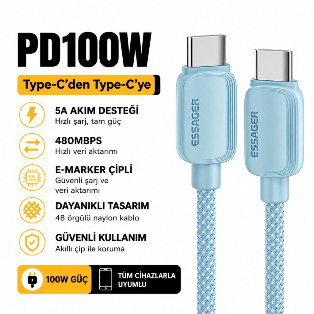 Essager 100W PD USB-C Type-C to Type-C 5A E-Marker Çipli Hızlı Şarj ve 480Mbps Data Aktarım Örgülü Kablo