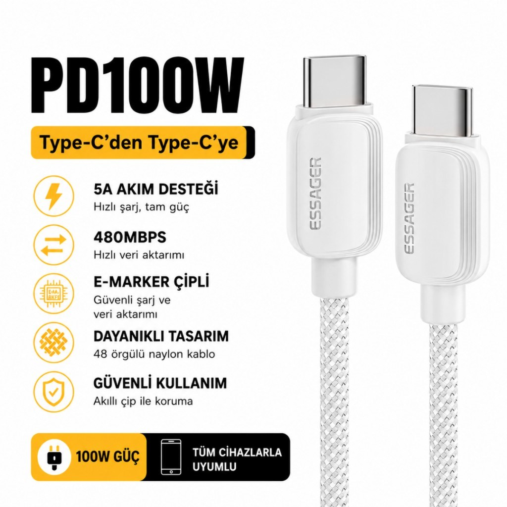 Essager 100W PD USB-C Type-C to Type-C 5A E-Marker Çipli Hızlı Şarj ve 480Mbps Data Aktarım Örgülü Kablo