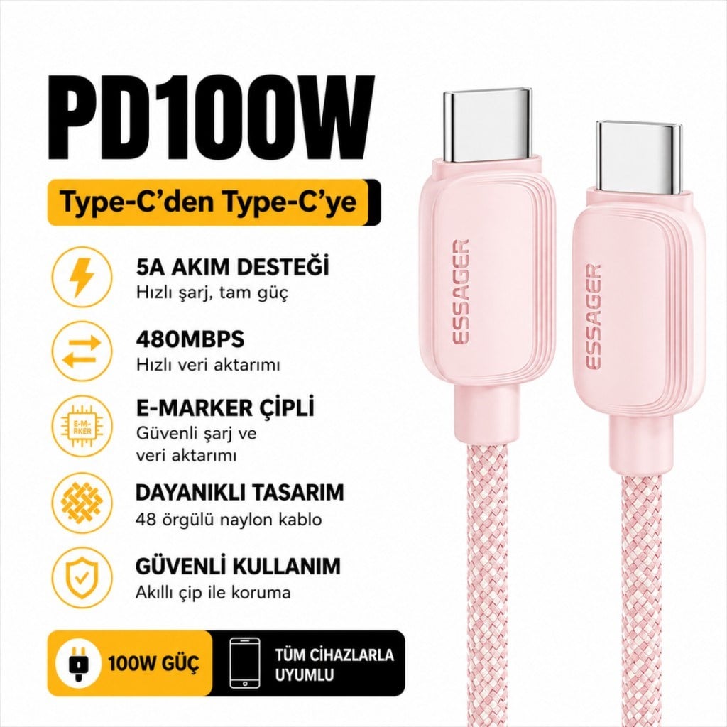 Essager 100W PD USB-C Type-C to Type-C 5A E-Marker Çipli Hızlı Şarj ve 480Mbps Data Aktarım Örgülü Kablo