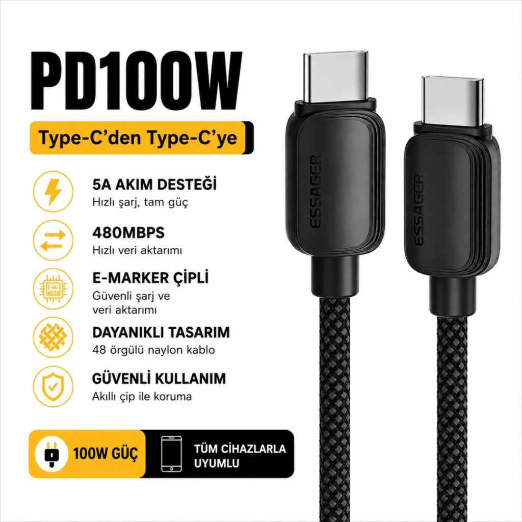 Essager 100W PD USB-C Type-C to Type-C 5A E-Marker Çipli Hızlı Şarj ve 480Mbps Data Aktarım Örgülü Kablo