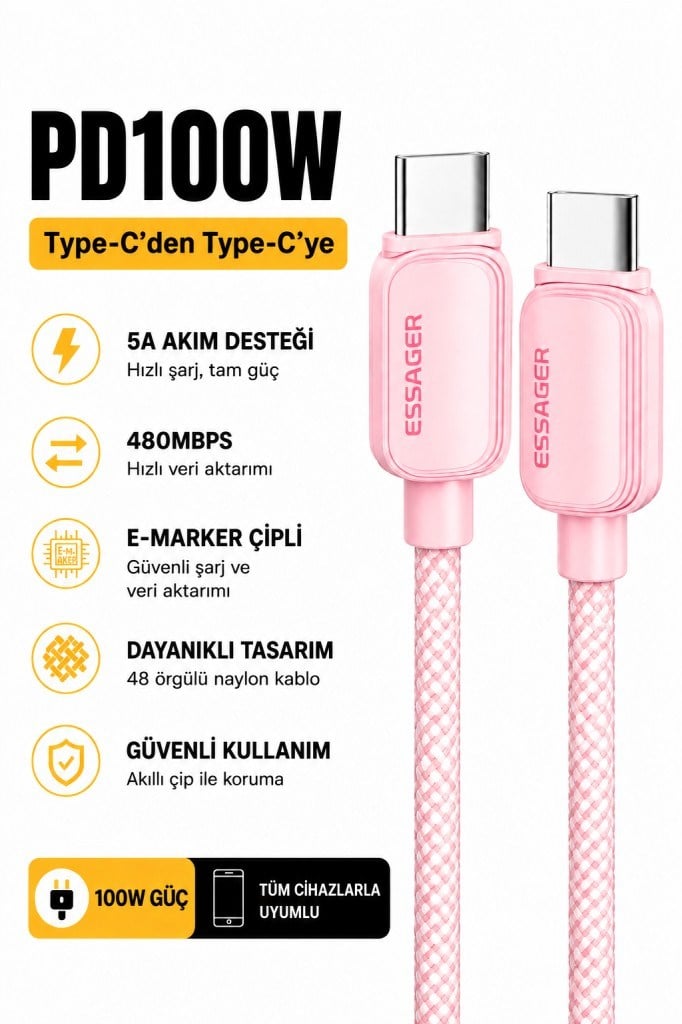 Essager 100W PD USB-C Type-C to Type-C 5A E-Marker Çipli Hızlı Şarj ve 480Mbps Data Aktarım Örgülü Kablo