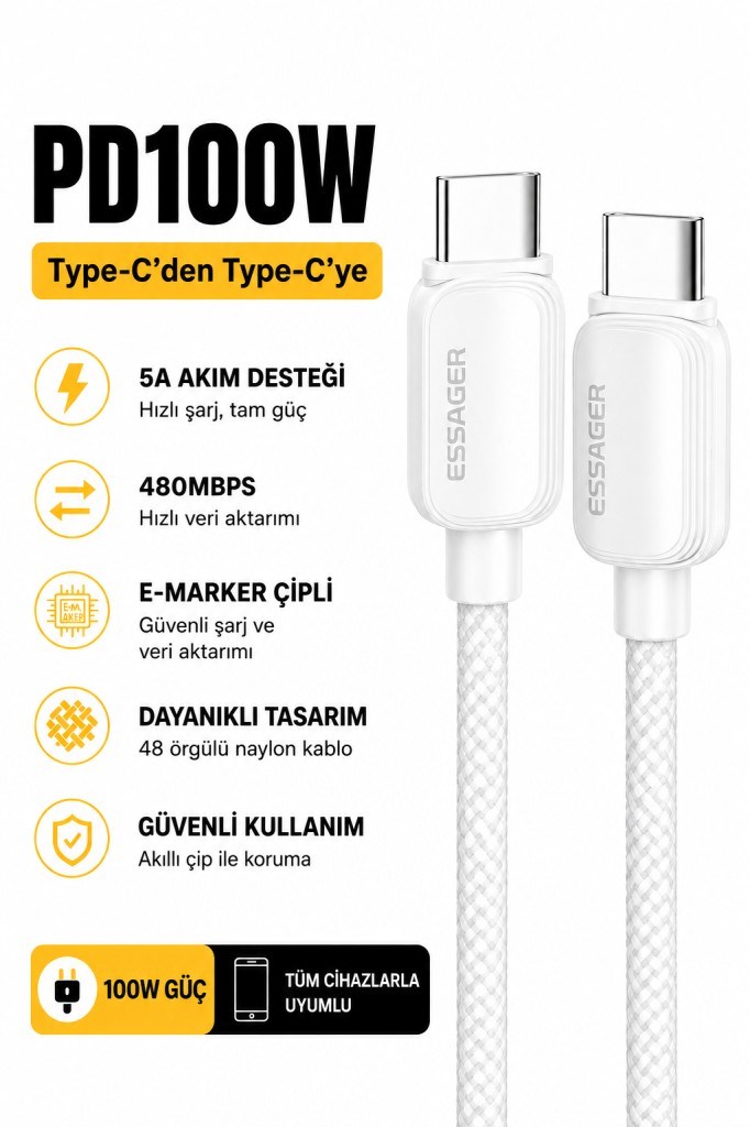Essager 100W PD USB-C Type-C to Type-C 5A E-Marker Çipli Hızlı Şarj ve 480Mbps Data Aktarım Örgülü Kablo