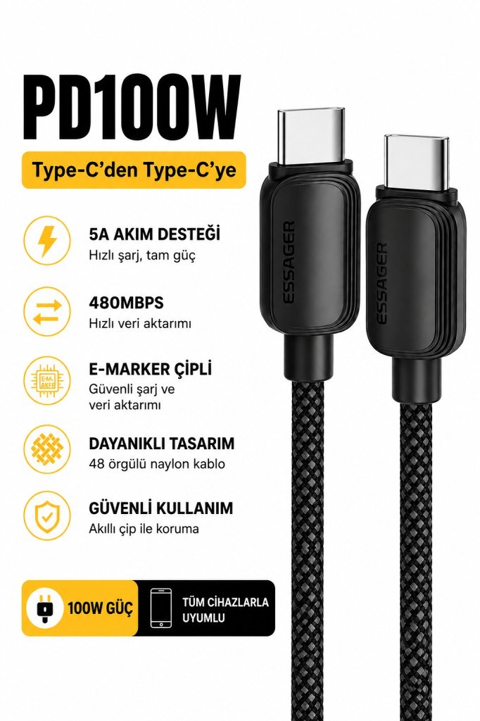 Essager 100W PD USB-C Type-C to Type-C 5A E-Marker Çipli Hızlı Şarj ve 480Mbps Data Aktarım Örgülü Kablo