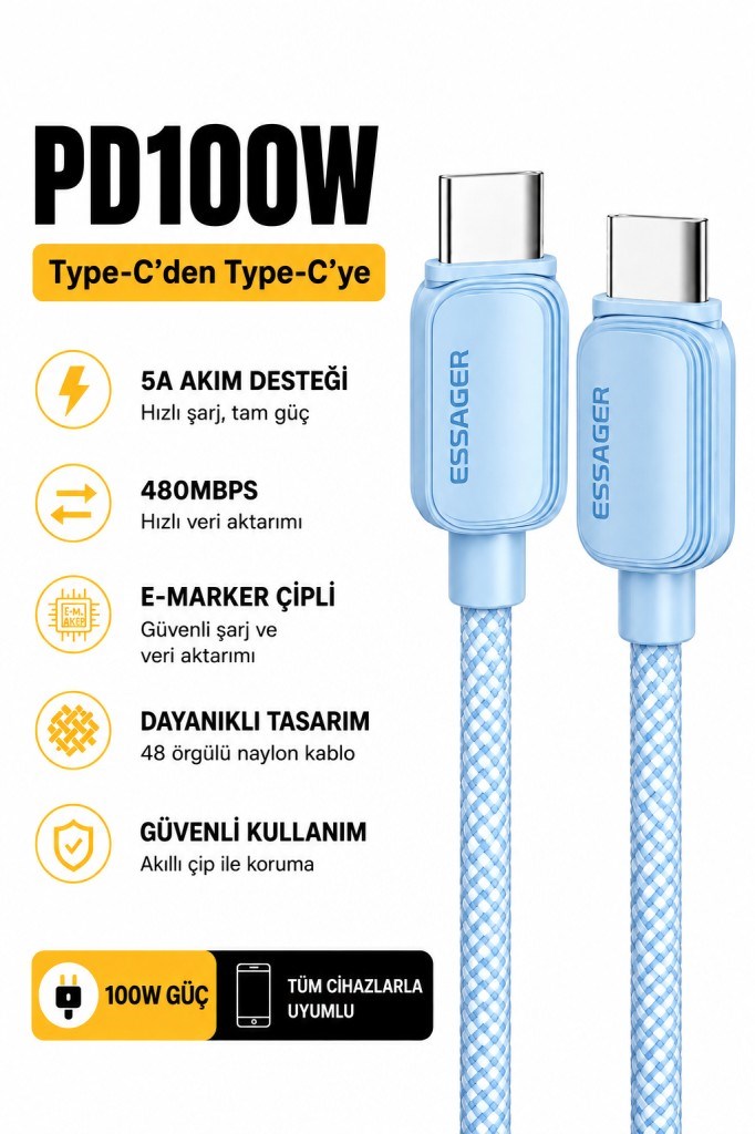 Essager 100W PD USB-C Type-C to Type-C 5A E-Marker Çipli Hızlı Şarj ve 480Mbps Data Aktarım Örgülü Kablo