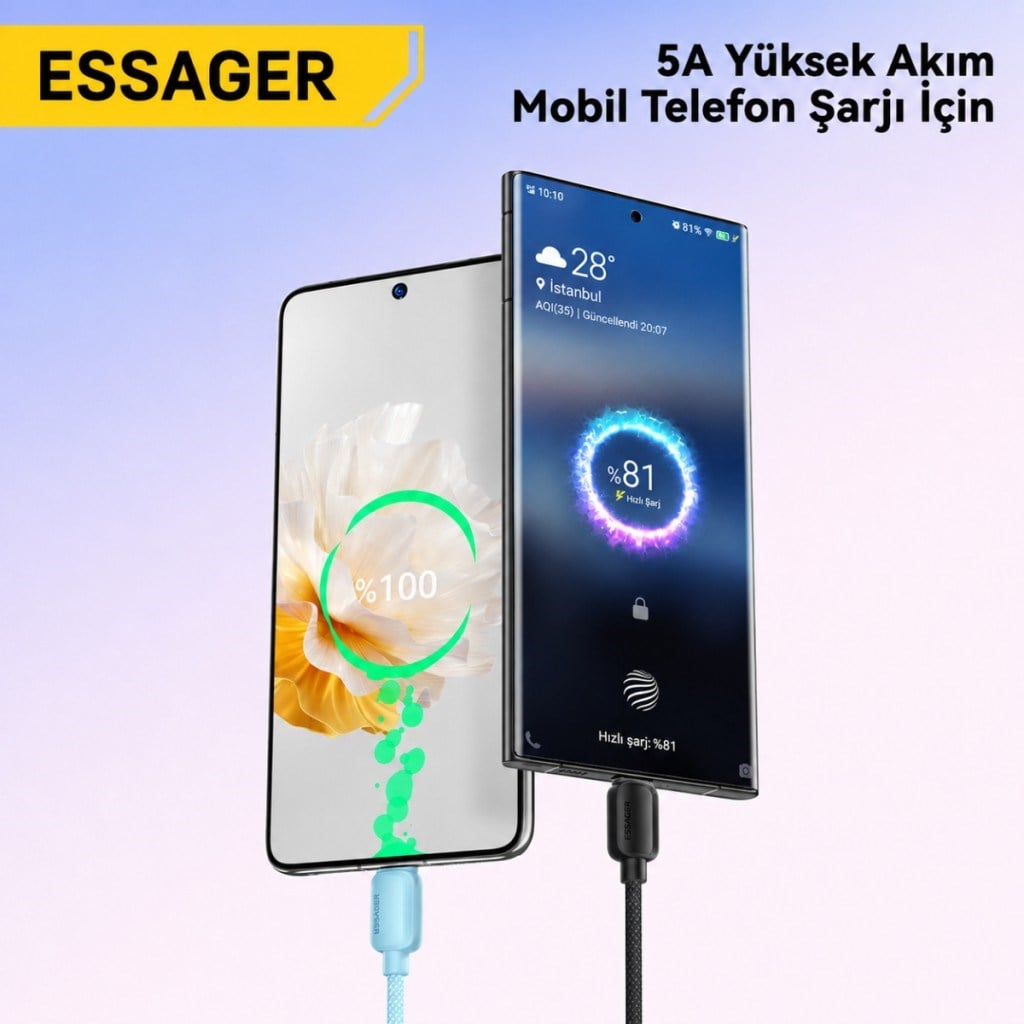 Essager 100W PD USB-C Type-C to Type-C 5A E-Marker Çipli Hızlı Şarj ve 480Mbps Data Aktarım Örgülü Kablo