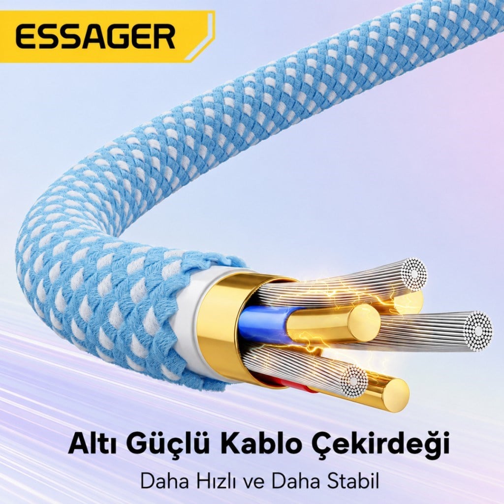 Essager 100W PD USB-C Type-C to Type-C 5A E-Marker Çipli Hızlı Şarj ve 480Mbps Data Aktarım Örgülü Kablo