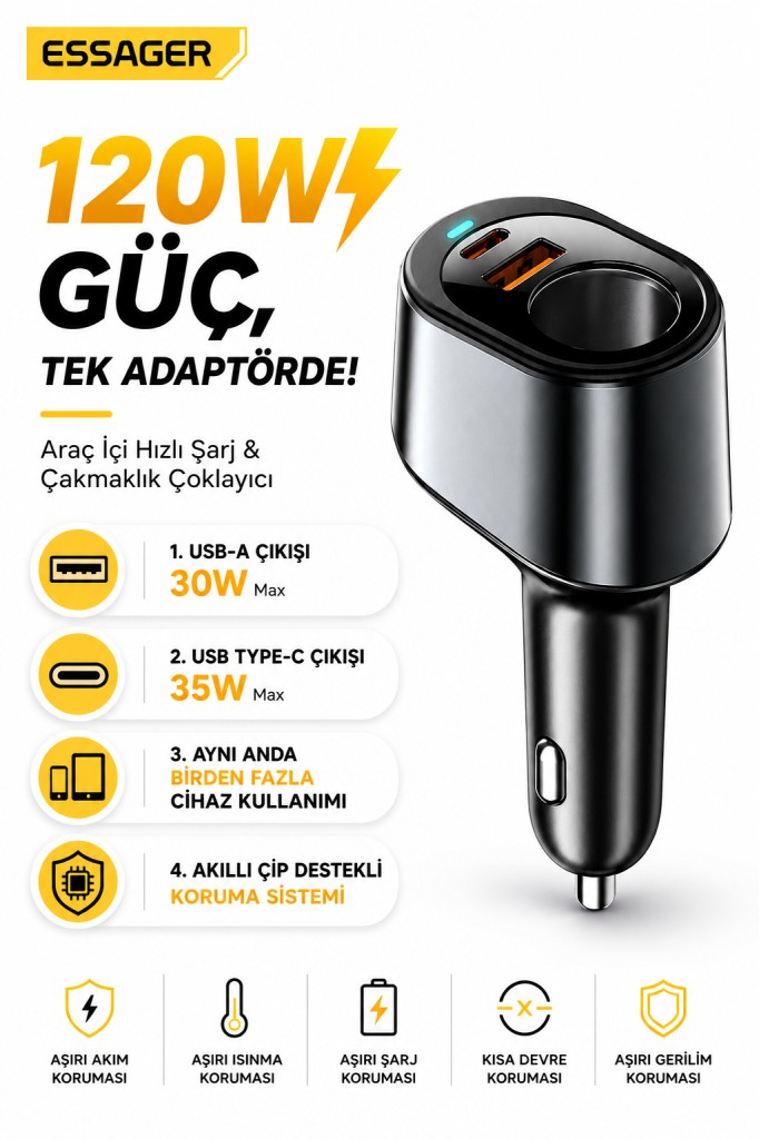ESSAGER 120W Süper Hızlı Araç Şarj Cihazı – 35W Type-C + 30W USB Hızlı Şarj ve 85W Çakmaklık Çoklayıcı