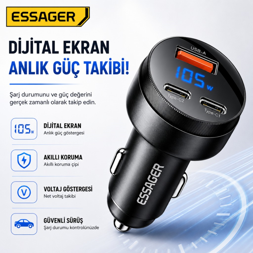 Essager 12V-24V 105W Dijital Ekranlı Süper Hızlı Araç Şarj Cihazı 2x Type-C + USB-A 3 Port PD PPS Hızlı Şarj 