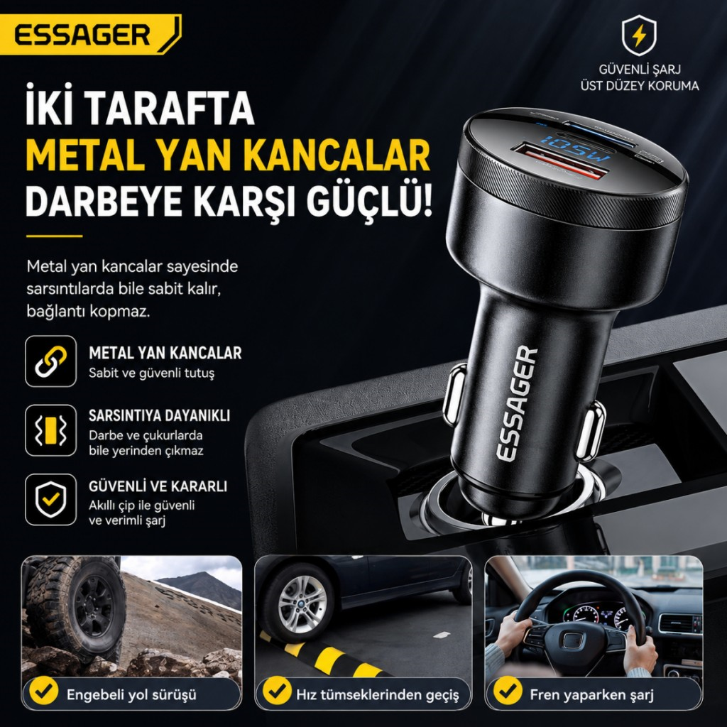 Essager 12V-24V 105W Dijital Ekranlı Süper Hızlı Araç Şarj Cihazı 2x Type-C + USB-A 3 Port PD PPS Hızlı Şarj 