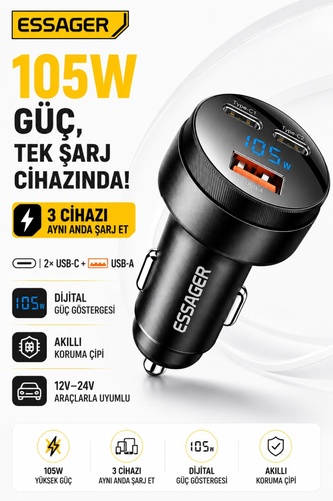 Essager 12V-24V 105W Dijital Ekranlı Süper Hızlı Araç Şarj Cihazı 2x Type-C + USB-A 3 Port PD PPS Hızlı Şarj 