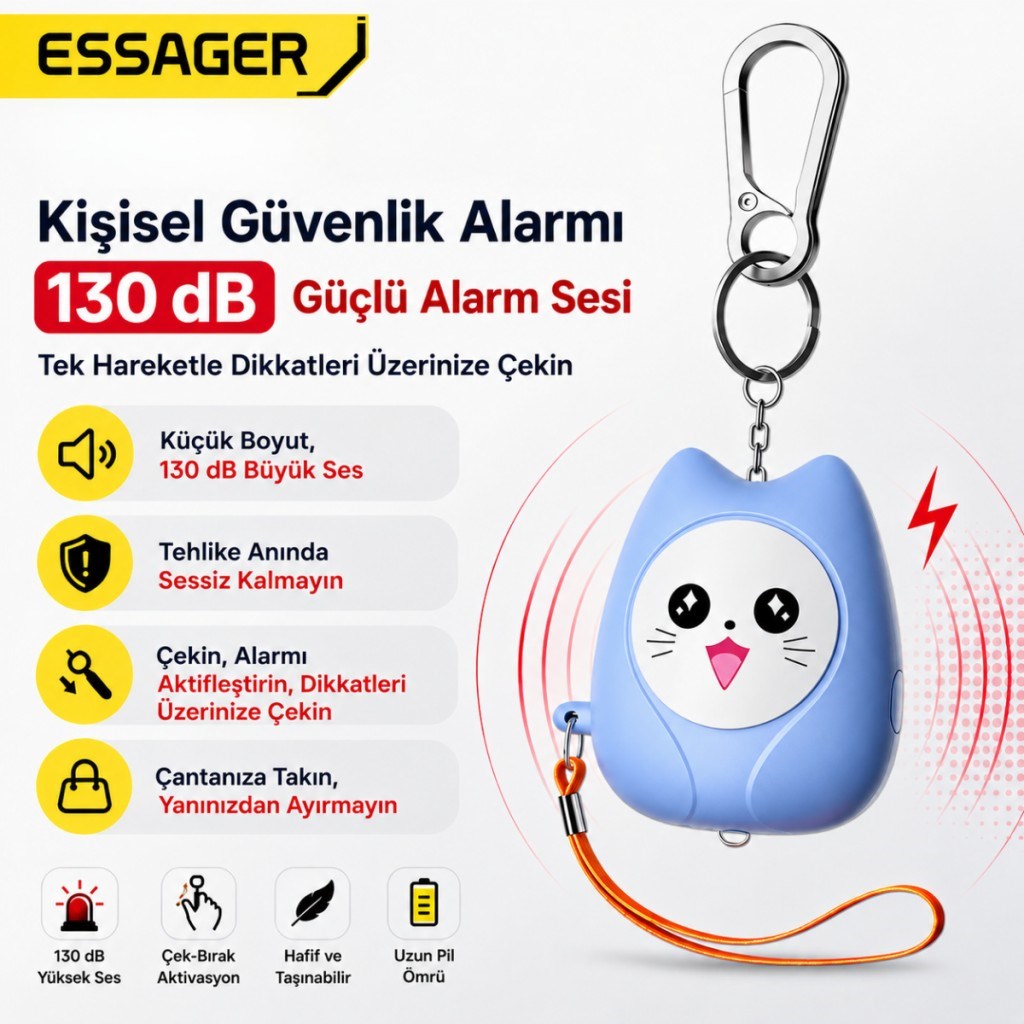 ESSAGER 130 dB Kişisel Güvenlik Alarmı – LED Fenerli, Çekmeli Acil Durum Alarmı, 450mAh Şarjlı Taşınabilir Anahtarlık