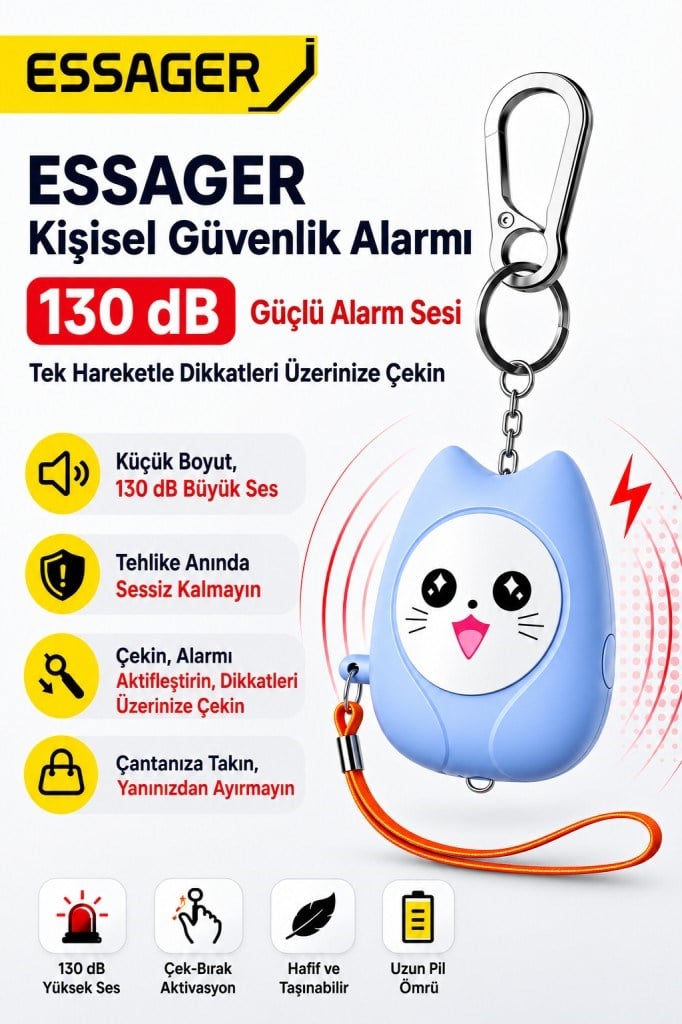 ESSAGER 130 dB Kişisel Güvenlik Alarmı – LED Fenerli, Çekmeli Acil Durum Alarmı, 450mAh Şarjlı Taşınabilir Anahtarlık