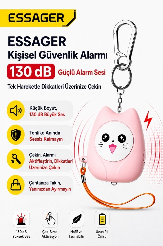 ESSAGER 130 dB Kişisel Güvenlik Alarmı – LED Fenerli, Çekmeli Acil Durum Alarmı, 450mAh Şarjlı Taşınabilir Anahtarlık