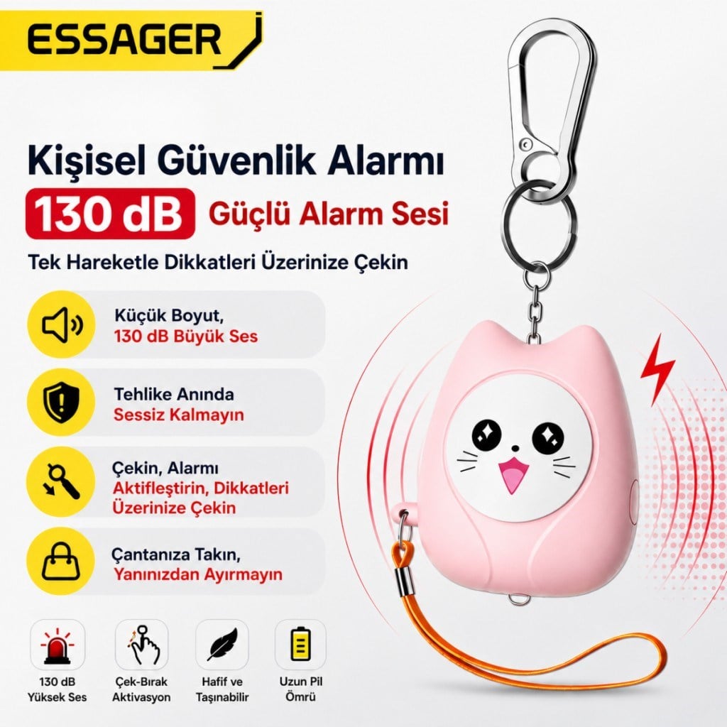 ESSAGER 130 dB Kişisel Güvenlik Alarmı – LED Fenerli, Çekmeli Acil Durum Alarmı, 450mAh Şarjlı Taşınabilir Anahtarlık