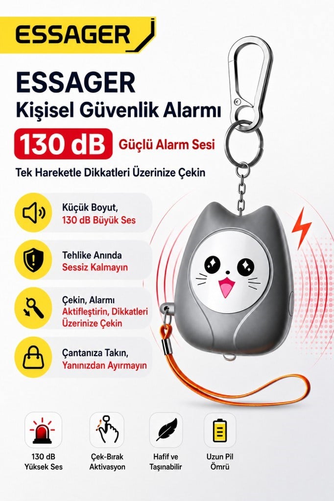 ESSAGER 130 dB Kişisel Güvenlik Alarmı – LED Fenerli, Çekmeli Acil Durum Alarmı, 450mAh Şarjlı Taşınabilir Anahtarlık