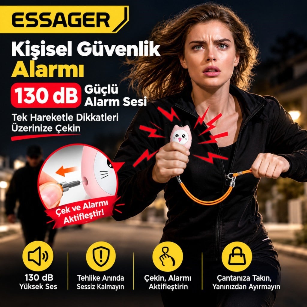 ESSAGER 130 dB Kişisel Güvenlik Alarmı – LED Fenerli, Çekmeli Acil Durum Alarmı, 450mAh Şarjlı Taşınabilir Anahtarlık