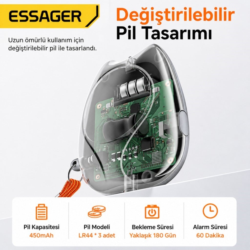 ESSAGER 130 dB Kişisel Güvenlik Alarmı – LED Fenerli, Çekmeli Acil Durum Alarmı, 450mAh Şarjlı Taşınabilir Anahtarlık