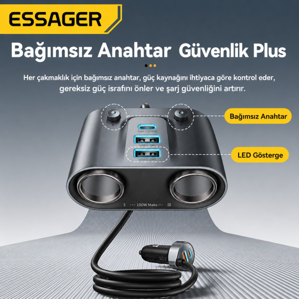 ESSAGER 150W Araç Çakmaklık Çoklayıcı 2 Çakmaklık + 3 USB-A + 2 Type-C 30W Hızlı Şarj 12V-24V Uyumlu
