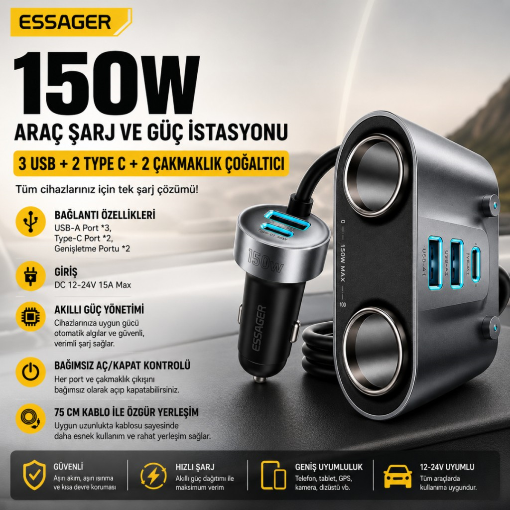 ESSAGER 150W Araç Çakmaklık Çoklayıcı 2 Çakmaklık + 3 USB-A + 2 Type-C 30W Hızlı Şarj 12V-24V Uyumlu
