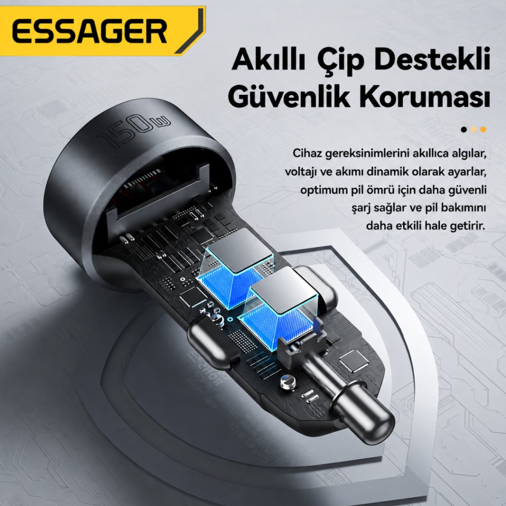 ESSAGER 150W Araç Çakmaklık Çoklayıcı 2 Çakmaklık + 3 USB-A + 2 Type-C 30W Hızlı Şarj 12V-24V Uyumlu